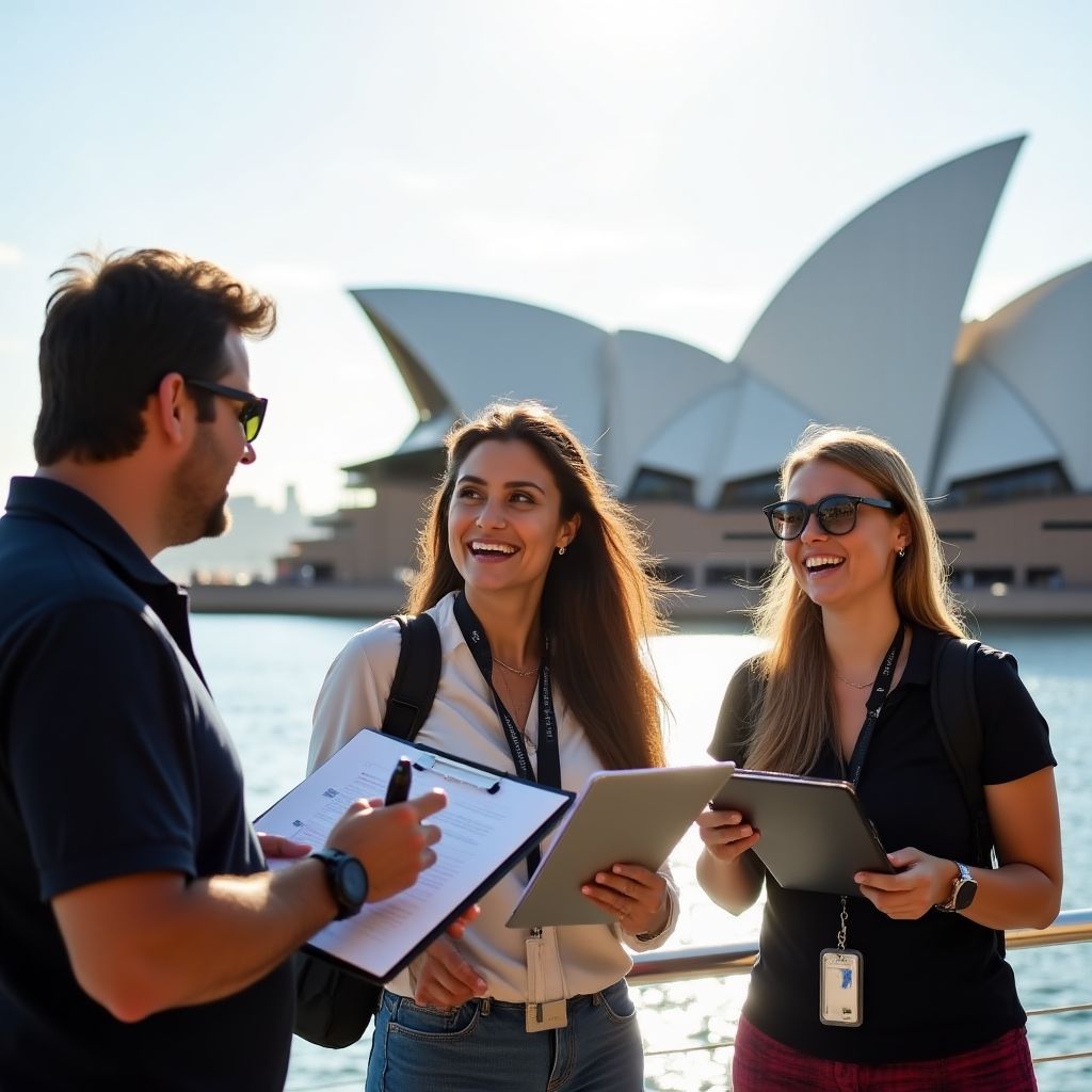 Team conducting survey with tourists